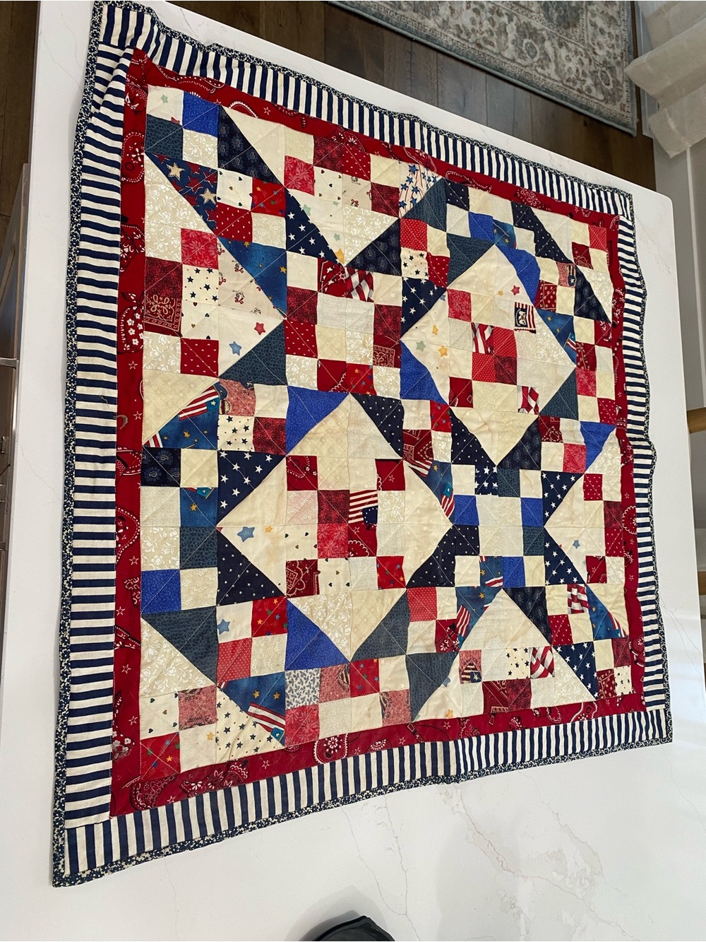Patriotic Patchwork Quilt - Red, Blue & Cream